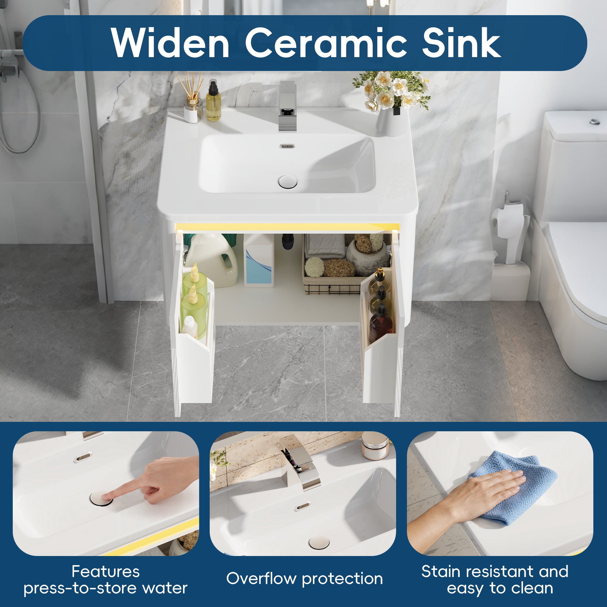 ANPOO 30 Inch Bathroom Vanity with Sink and Mirror Medicine Cabinet,Modern Floating Bathroom Storage Cabinet with 2 Soft Closing Door