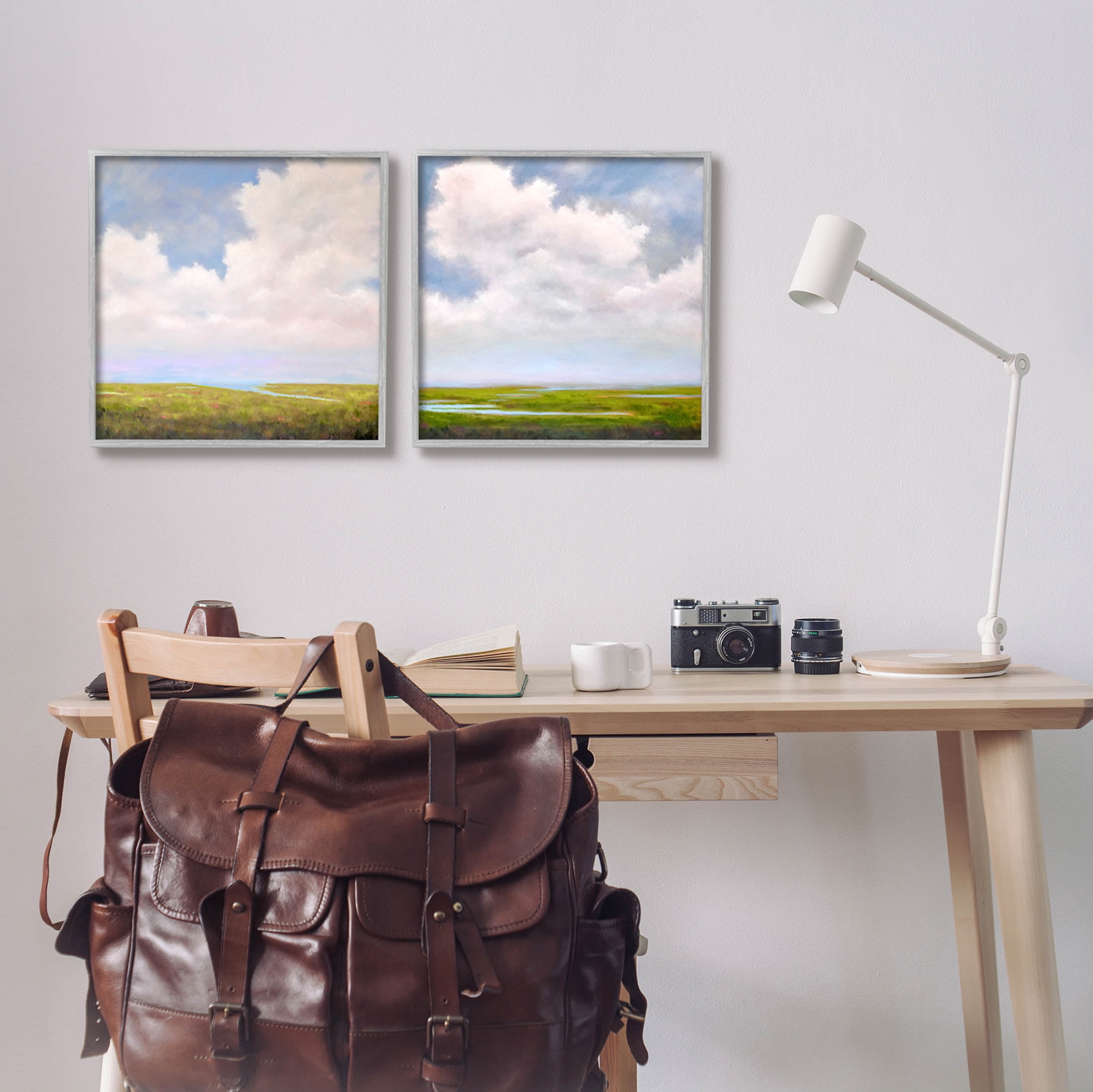 Stupell Industries Panoramic Clouds Over Bay Painting Gray Framed Art Print Wall Art, Set of 2, Design by Catherine Andersen