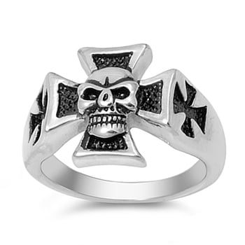 Men's Maltese Iron Cross Skull Ring Black Silver Stainless Steel Gothic Biker 