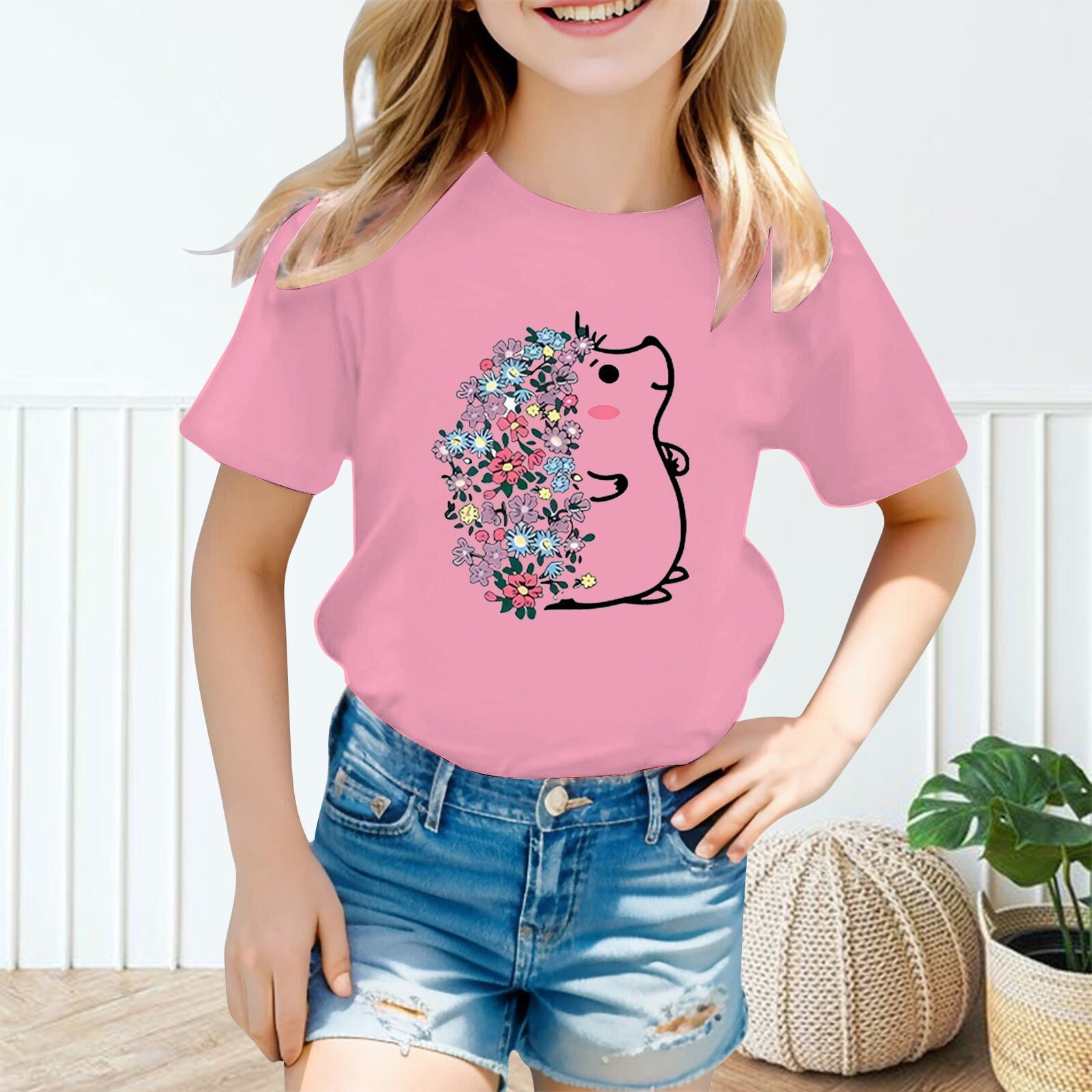 WEIYLL T-Shirts pour Filles, Imprimé Hérisson Mignon, Col Rond, Manches Courtes, Été, Décontracté, pour Enfants de 8-9 Ans