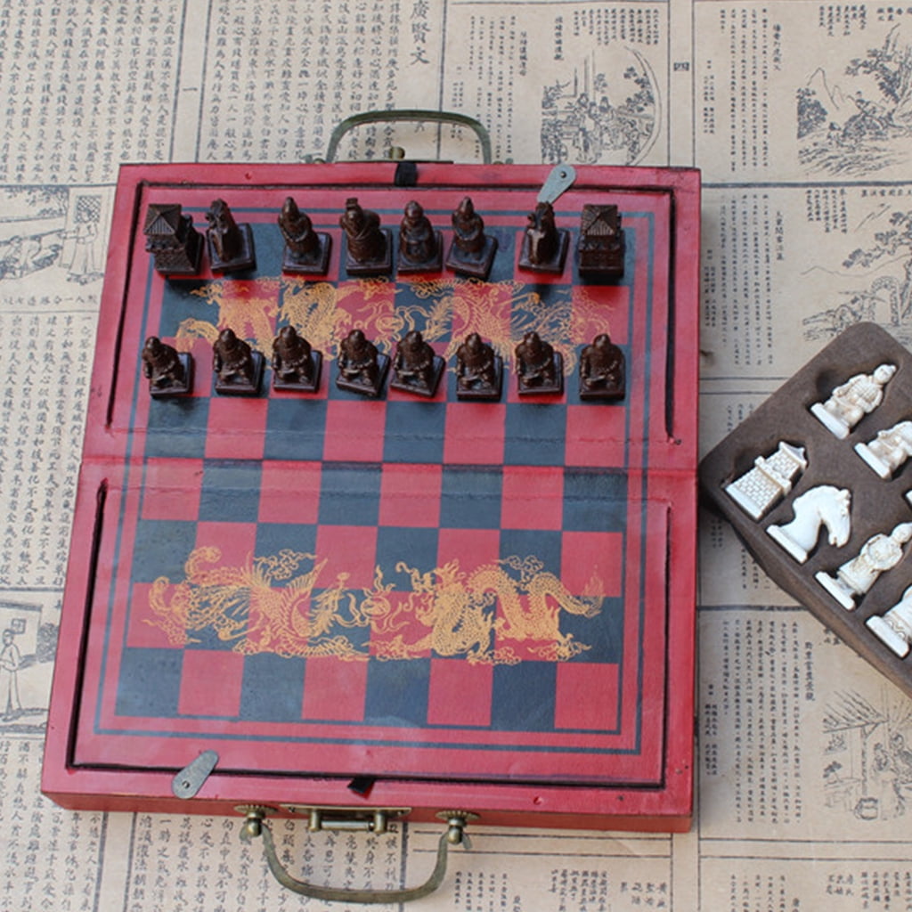 1 Set of Antique Chess Small Wooden Chess Board Terracotta Warrior Chess Pieces Character Parenting Gifts Entertainment