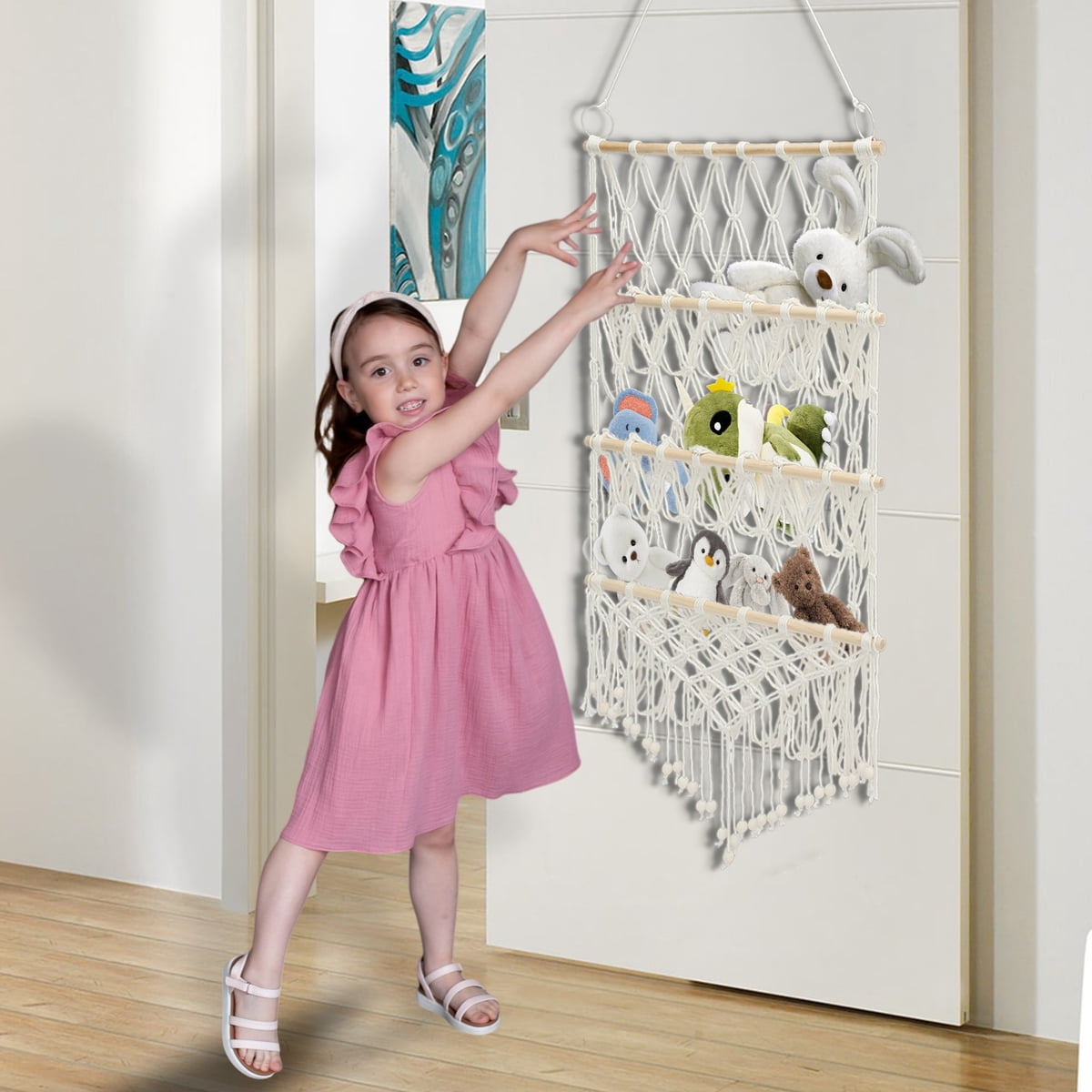 Wall hanging plush organizer installation and use