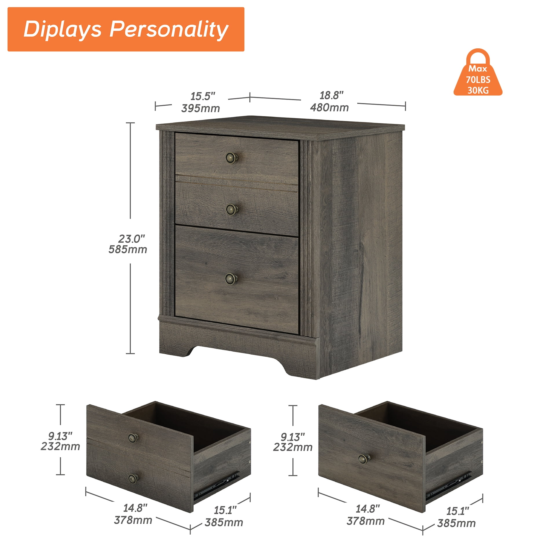 Nightstand with 2 Drawers, Grayish Brown Bedside Accent Table with Storage for Bedroom, Living Room, 15.5" W x 18.8" L x 23" H