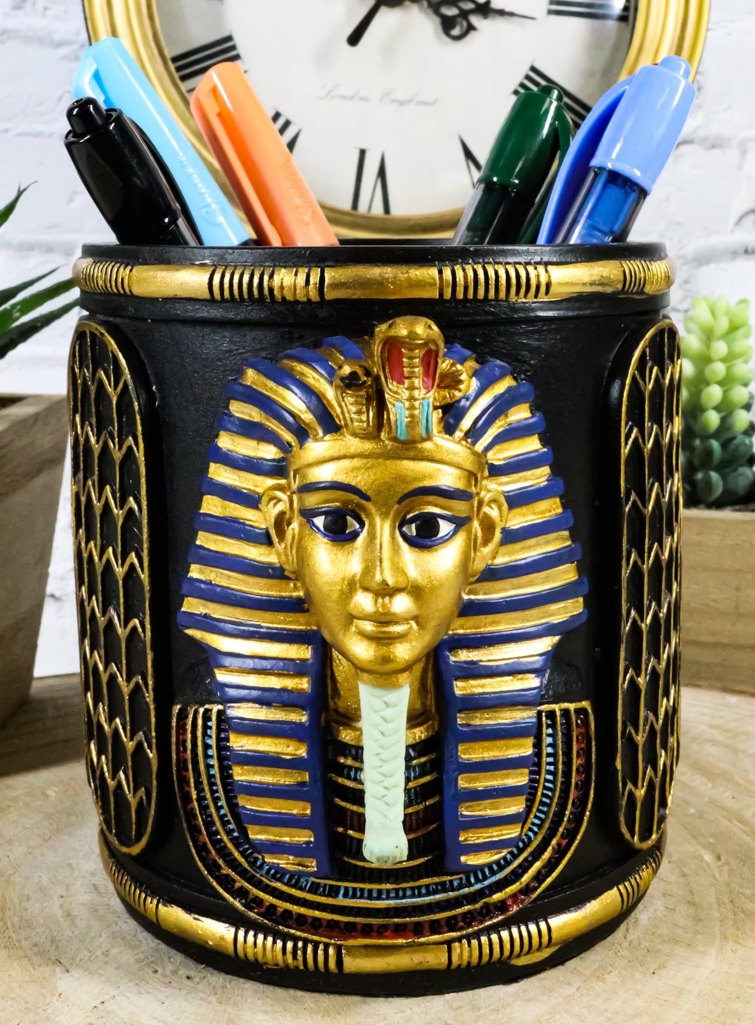 Egyptian King Tut Pharaoh Pen Holder 4"H Tutankhamun Bust Stationery