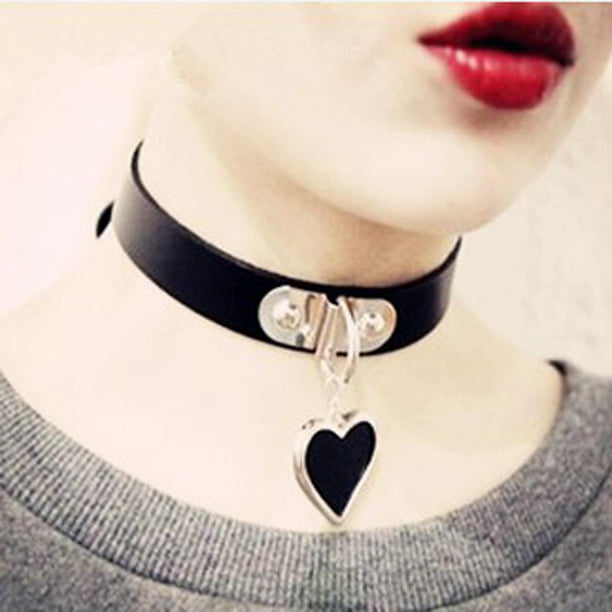 Gothic Heart-shape Lock Chain Black Leather Choker