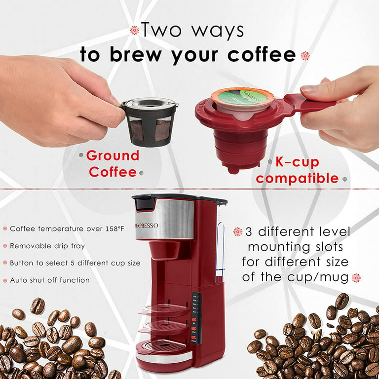 Mixpresso Single Serve 2 in 1 Coffee Brewer K-Cup Pods Compatible & Ground  Coffee,30 oz (Red)