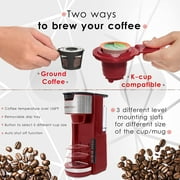 Mixpresso Single Serve Coffee Brewer K-Cup Pods Compatible & Ground Coffee 30oz Compact Coffee Maker Single Serve 5 Brew Sizes Up To 14Oz Fits Travel Mug Adjustable Drip Tray, Red Coffee Maker