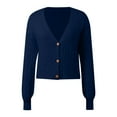 thumbnail image 4 of Wang6 Women Lightweight Cropped Cardigans Sweaters Trendy Long Sleeve Button Cable Knit Sweater Fall V Neck Knitted Outwear Tops Blue One Size, 4 of 5