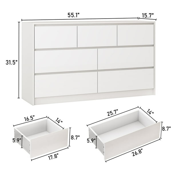 Blotout White Malm Dresser for Bedroom, 55" Long High Gloss 7-Drawer Wood Chest for Bedroom, Living Room, Entryway