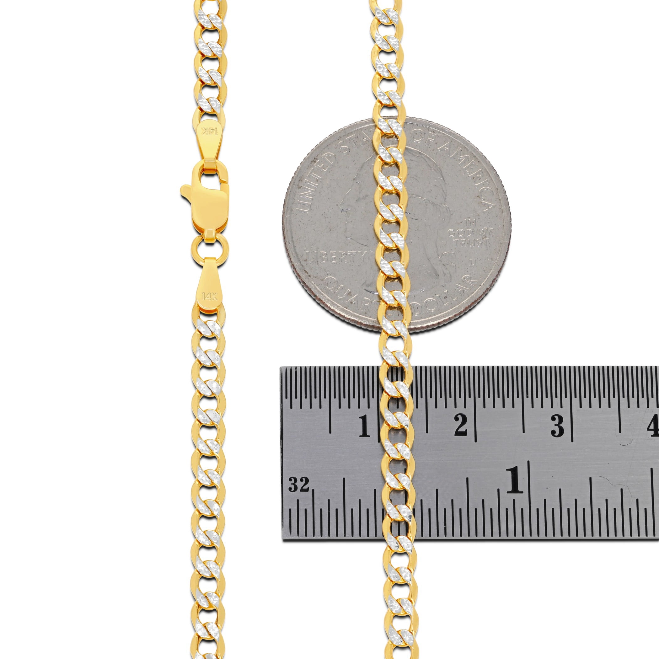 Nuragold 14k Real Yellow Gold Cuban Curb Link 3.5mm Diamond Cut Pave Chain Necklace (16"-26") Two Tone Italian Jewelry for Men & Women