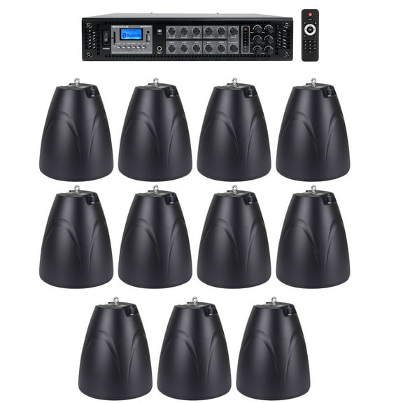 Rockville 6-Zone Amp Receiver 11) Black Pendant Speakers For Restaurant/Bar/Cafe