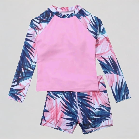 REDARER Girls' 2-Piece Rash Guard Set – Tropical Leaf Print , Long-Sleeve UV Protection Swimwear,9-10 Years