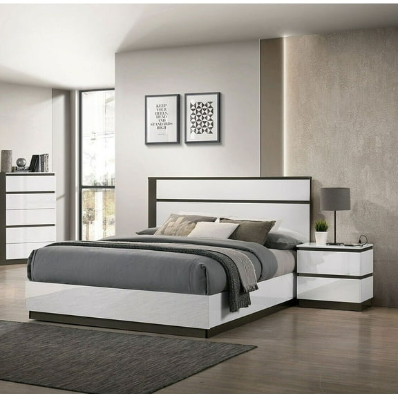 Queen Size Bed 2x Nightstands 3pcs Bedroom Furniture Solidwood High Gloss Finish Two Tone Design