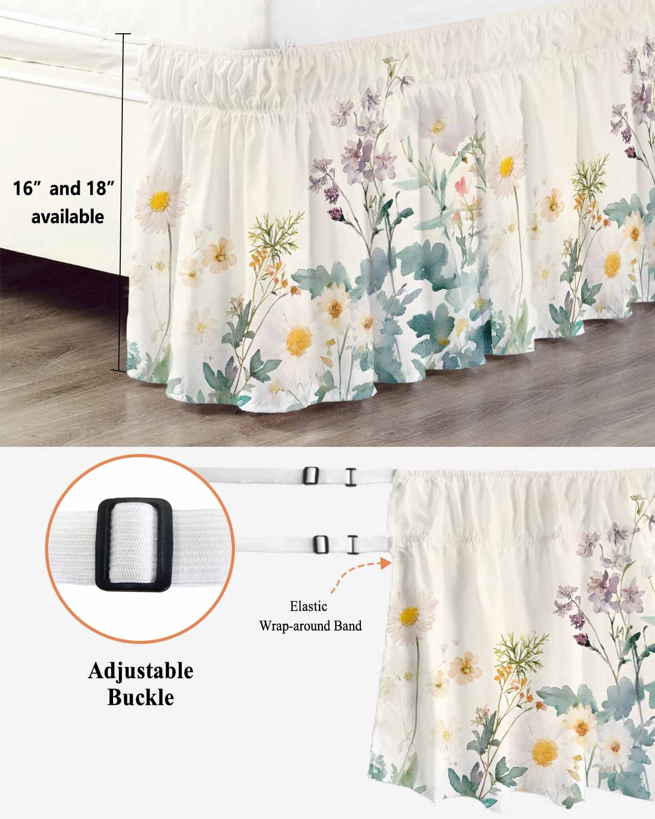Watercolor Spring Floral Bed Skirt Queen Size,Farmhouse Daisy Green Botanical Wrap Around Bed Skirting with Adjustable Elastic Strap,Dust Ruffle Pleated Bedskirts 16 Inch Drop for Bedroom Queen Beds