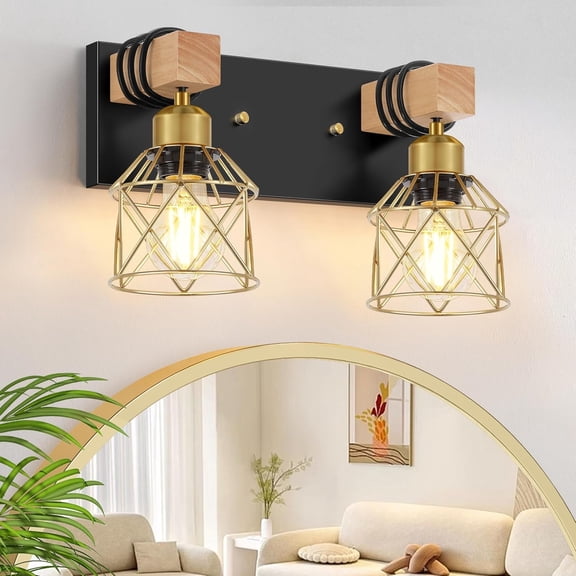Wood Bathroom Wall Sconces 2-Light Black Gold Bathroom Vanity Light Fixtures with Metal Shade Light Fixtures Wall Mount for Living Room, Hallway, Dressing Table