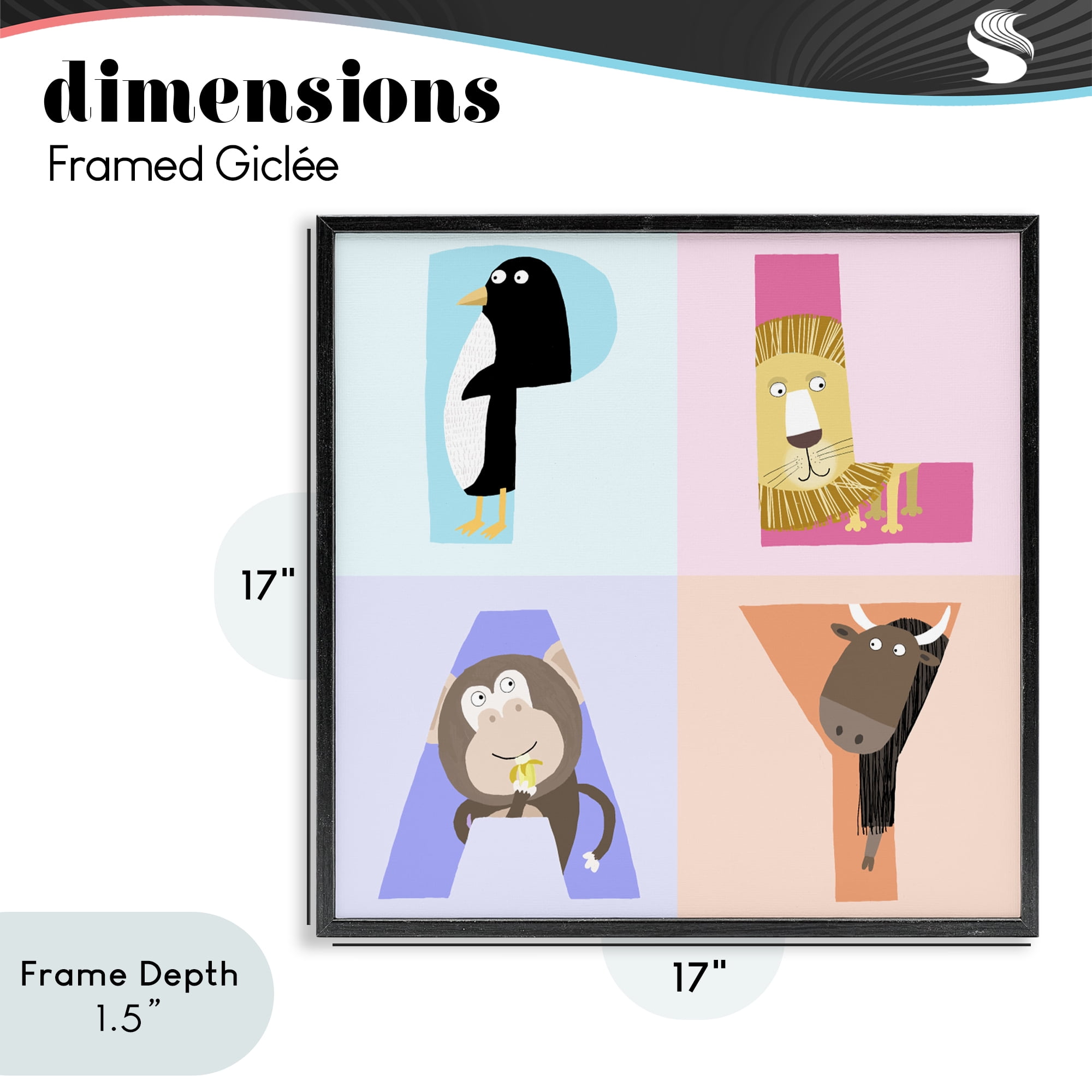 Stupell Industries Play Letters Squares with Animals Black Framed Giclee Art, design by Carla Daly