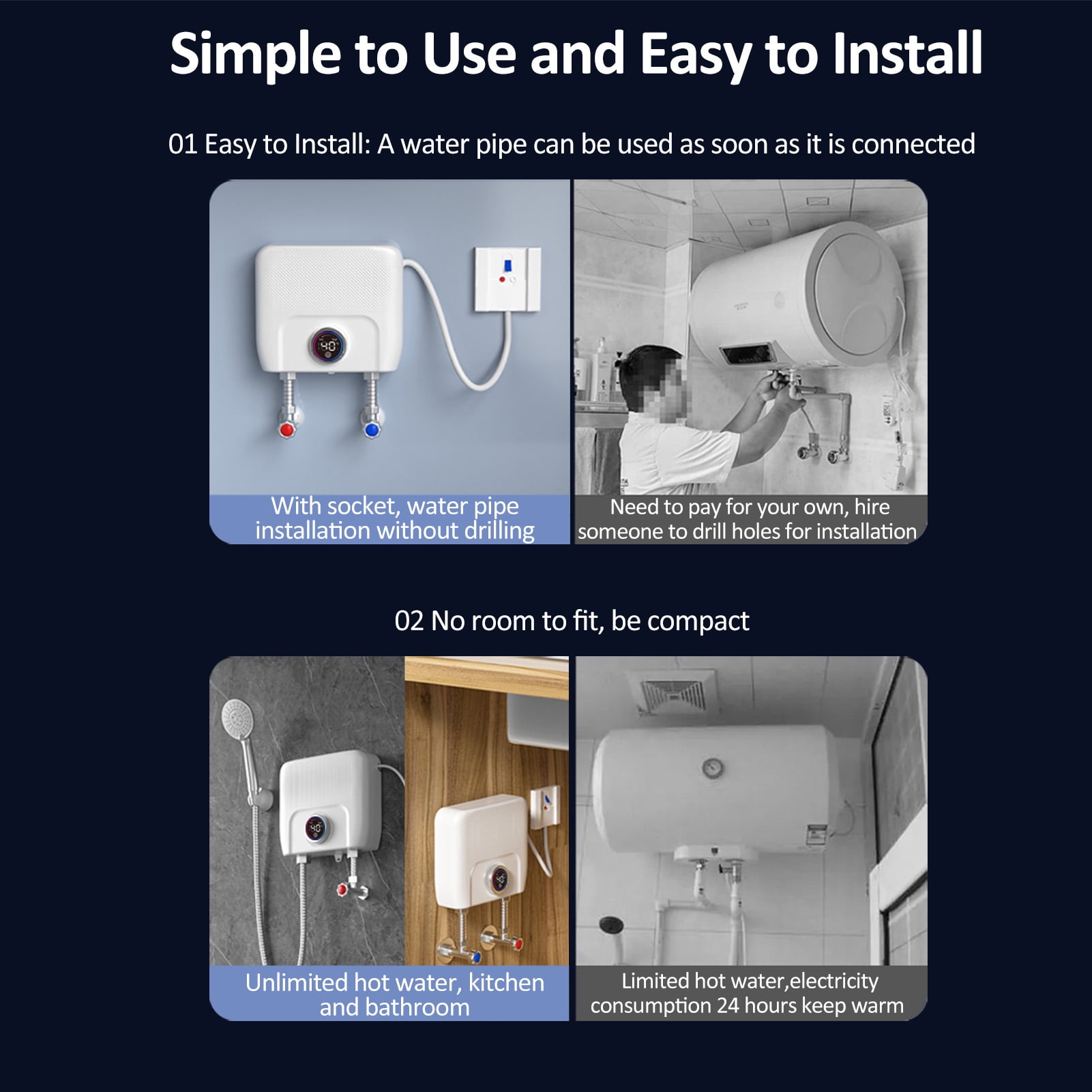 Portable Electric Tankless Water Heater 3000W 110V, Remote Control, Digital Display
