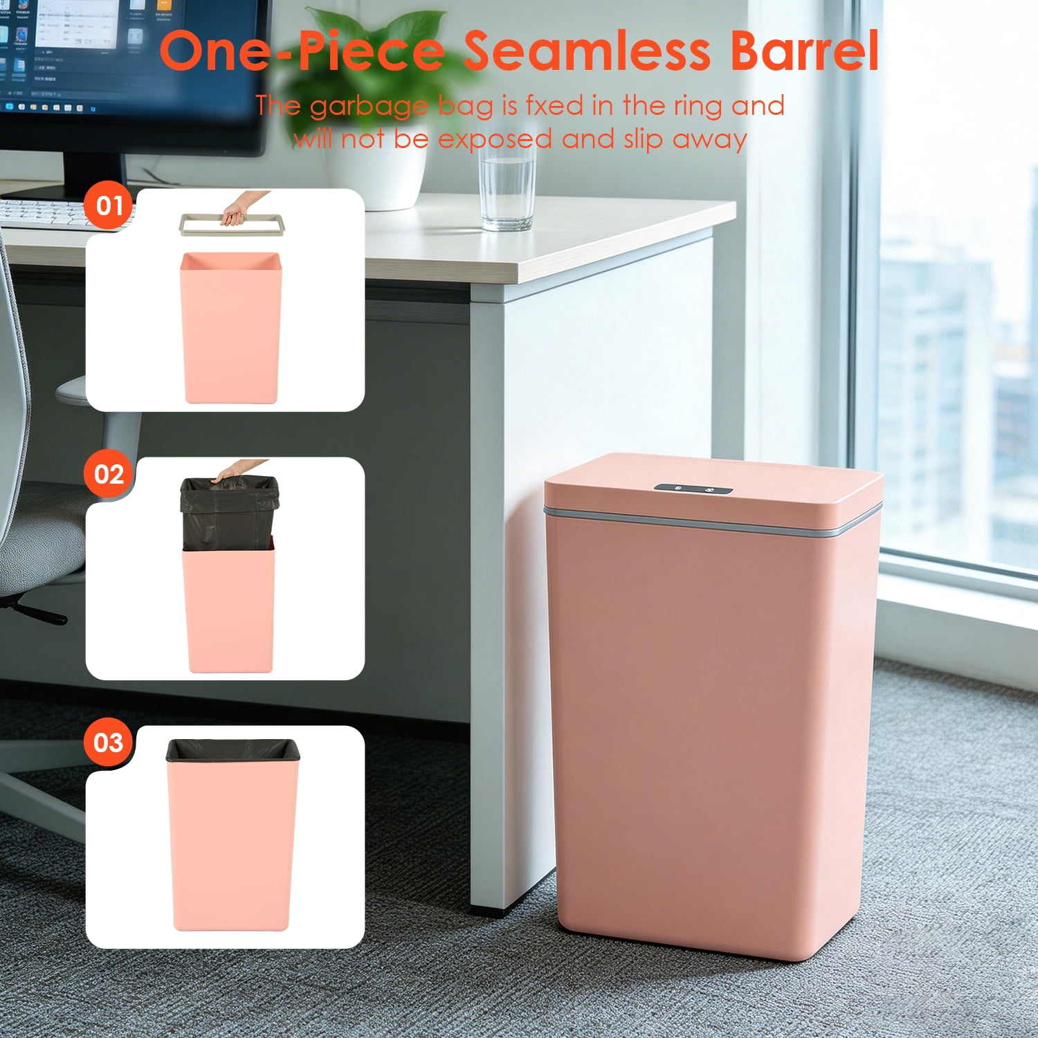 BestOffice 13 Gallon Automatic Plastic Trash Can with Lid, Touch Free with Motion Sensor for Indoor Use(Pink)