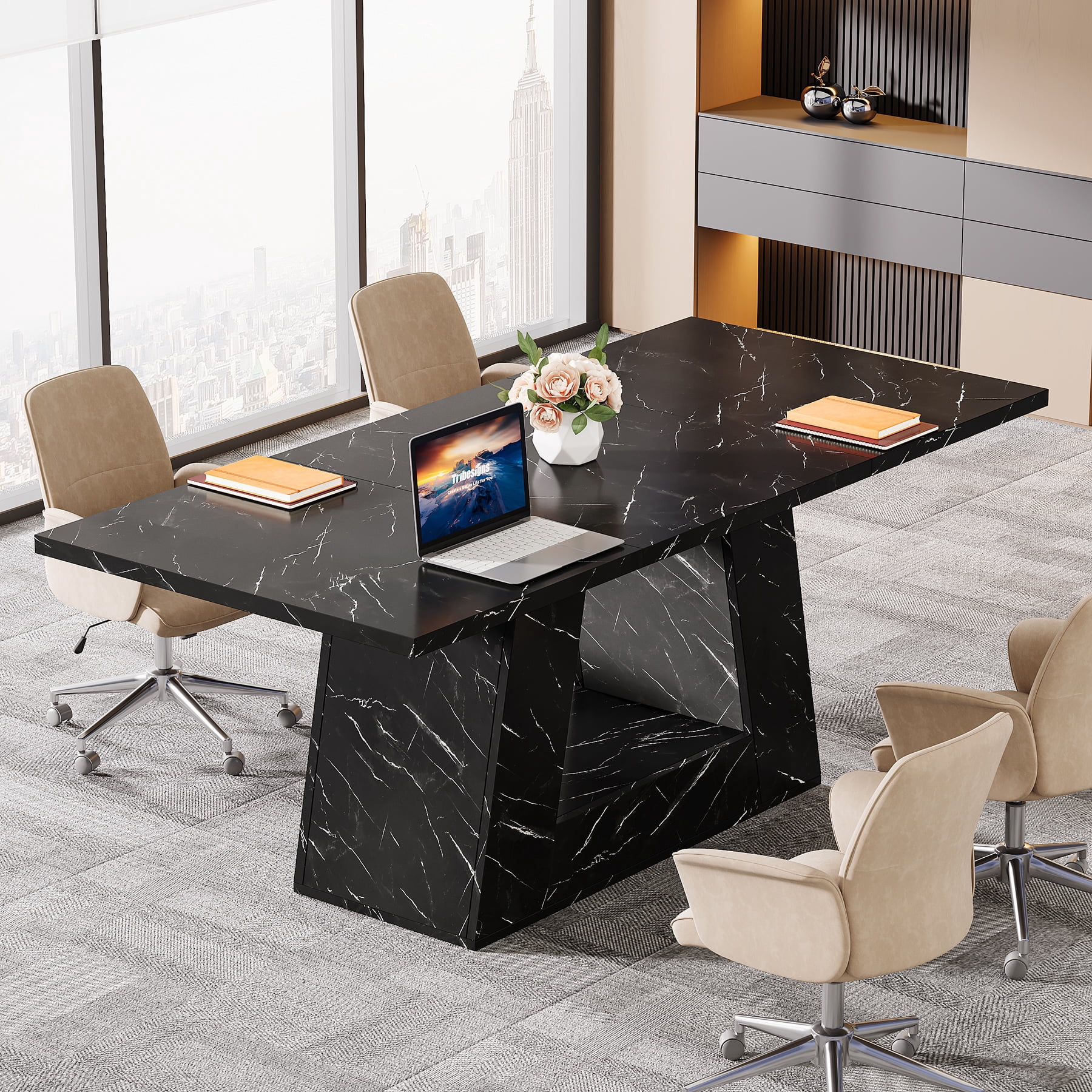 Tribesigns 63" Dining Table, Light Brown Wood Table Kitchen Table with Double Pedestal