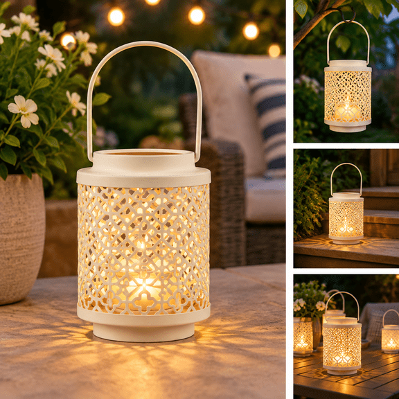 Metal Candle Lanterns, Rustic Hollow Carved Candle Holder Lantern, Small Tealight Holder for Patio Yard Festival Pathway White