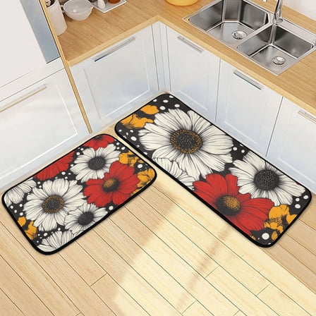 Red White and Yellow Daisies Kitchen Mat Set of 2 Cushioned Non Slip Rugs for Bedroom Floor Runner Mats