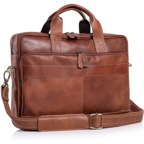 18-Inch Buffalo Leather Laptop Messenger Bag – Trolley-Compatible Briefcase for Men and Women with YKK Zippers and Multiple Compartments