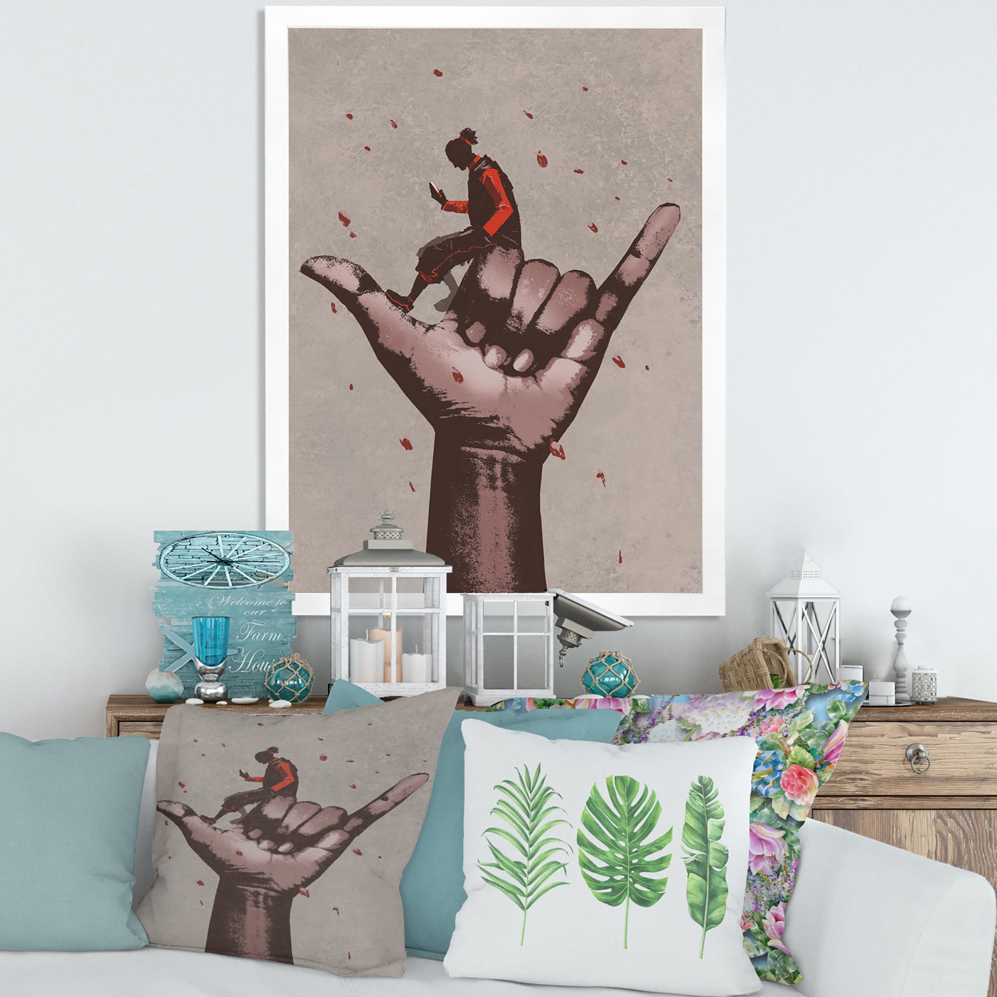 Designart 'Man Using Mobile Phone With Call Me Sign' Modern Framed Art Print