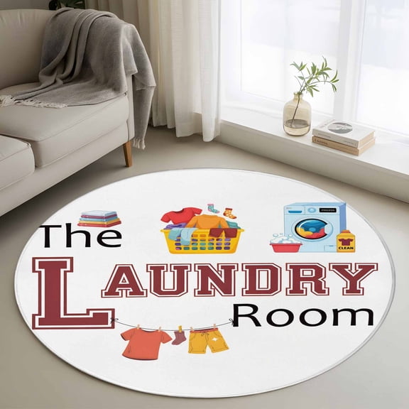 Laundry Room Round Area Rug 4 FT, Non Slip Indoor Outdoor Rug, Cartoon Washday Washing Machine Clothes Washable Soft Circular Carpet Non-Shedding Floor Mat for Coffee Table Nursery Foyer Balcony
