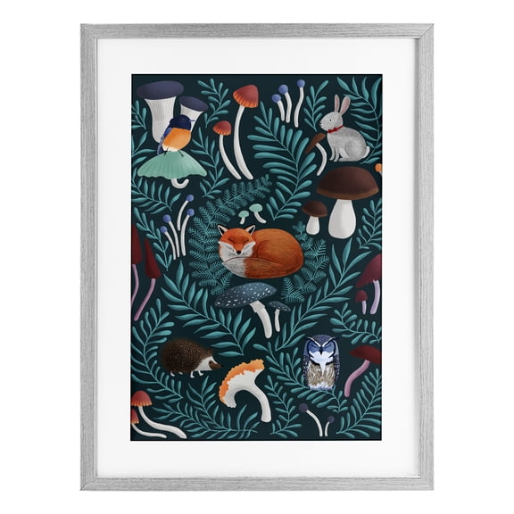 Woodland Animals & Botanical Sprigs Gray Framed Print Under Glass, design by Metka Hiti