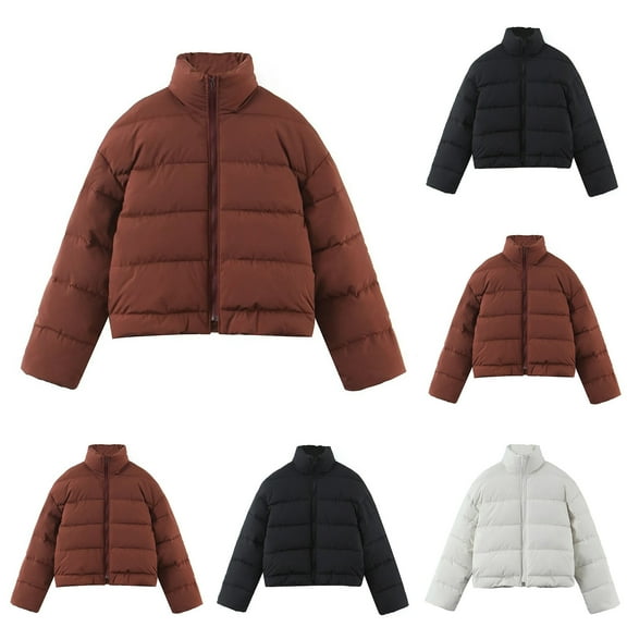 Jinhomg Women's Cropped Puffer Coat Thermal Cozy Full-Zip Mock Neck Down Jacket Fall Winter Casual Solid Color Short Outerwear with Pockets Coffee L