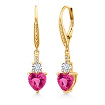Gem Stone King 18K Yellow Gold Plated Silver Pink Created Sapphire and White Lab Grown Diamond Drop Dangle Earrings for Women (3.37 Cttw, Heart Shape 7MM, Round 4MM)