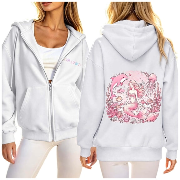 Wxolcjlv Womens Zip Up Hoodie Fleece Dolphin Print Oversized Long Sleeve Casual Sweatshirt