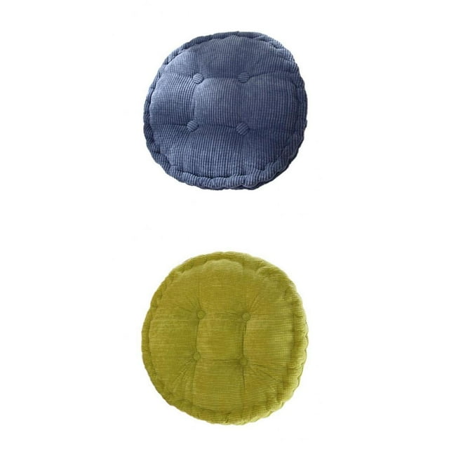 2x cojines circulares de para silla, oficina, bistró, asiento de comedor, almohadillas para almohada sunnimix cojín de asiento de oficina de coche — par de cojines redondos de pana acanalada, diámetro 40 x 10 cm; uno azul verdoso y otro verde lima, con cuatro botones centrales, ribete acolchado y relleno de algodón perla, diseño grueso y lavable a máquina.