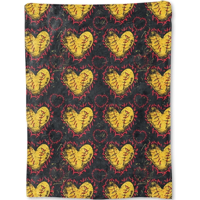 Couverture Cœur de Softball - Cœurs Jaunes avec Coutures Rouges, Jeté en Polaire Sport, Cadeaux pour Femmes Hommes, Doux & Chaud, Léger, pour Décoration Tendance, Amateurs d'Art, et Accents de Maison de Chambre 40x50 Po