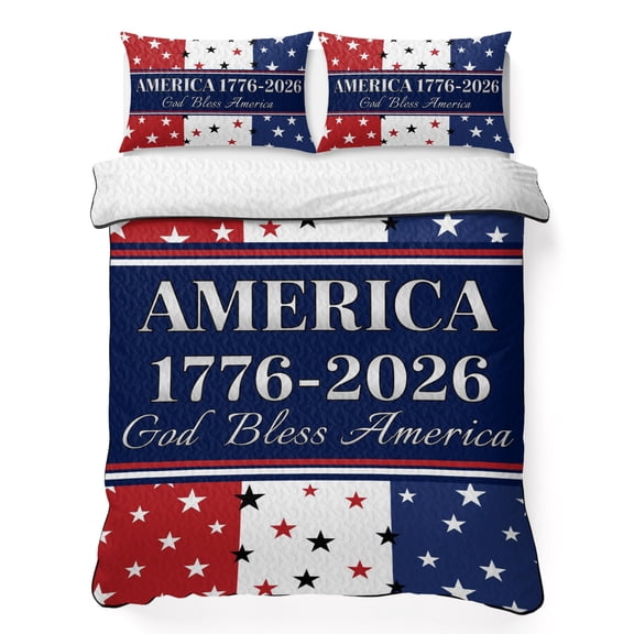 Queen Quilt Set 90''x96'', America Flag Lightweight Summer Bedspread Coverlet Set with 2 Pillow Shams, Red Blue White Star Independence Day Breathable All Season Quilt Bedding for Bedroom/Guest Room