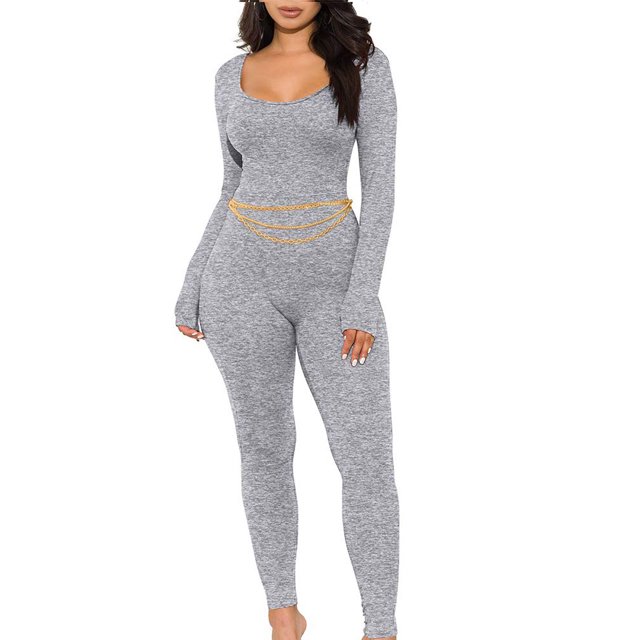 Mialoley Combinaison Longue Printemps Automne pour Femmes Couleur Unie Manches Longues Col en U Body Slim
