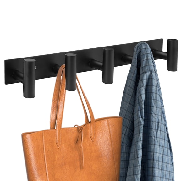 Black Coat Rack Wall Mount, Stainless Steel Towel Hanger Holder with 5 Hooks, T-Shaped Heavy Duty Clothing Hooks for Purse Bag Hat Clothes Key Bathroom Door Entryway