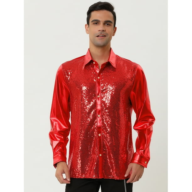 Camisa de lentejuelas brillantes para hombre ajustada de manga larga con botones para fiesta disco rojo M Lars Amadeus Camisa Walmart en linea