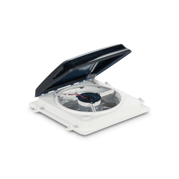 Dometic Évent de Toit 801450 Ventilateur-Tastic; Ouverture Manuelle; pour 14 Pouces x 14 Pouces; avec Ventilateur à 3 Vitesses/inverse/thermostat; Dôme de Fumée/base Blanche à Profil Haut; Polyéthylène Haute Densité Stable aux UV