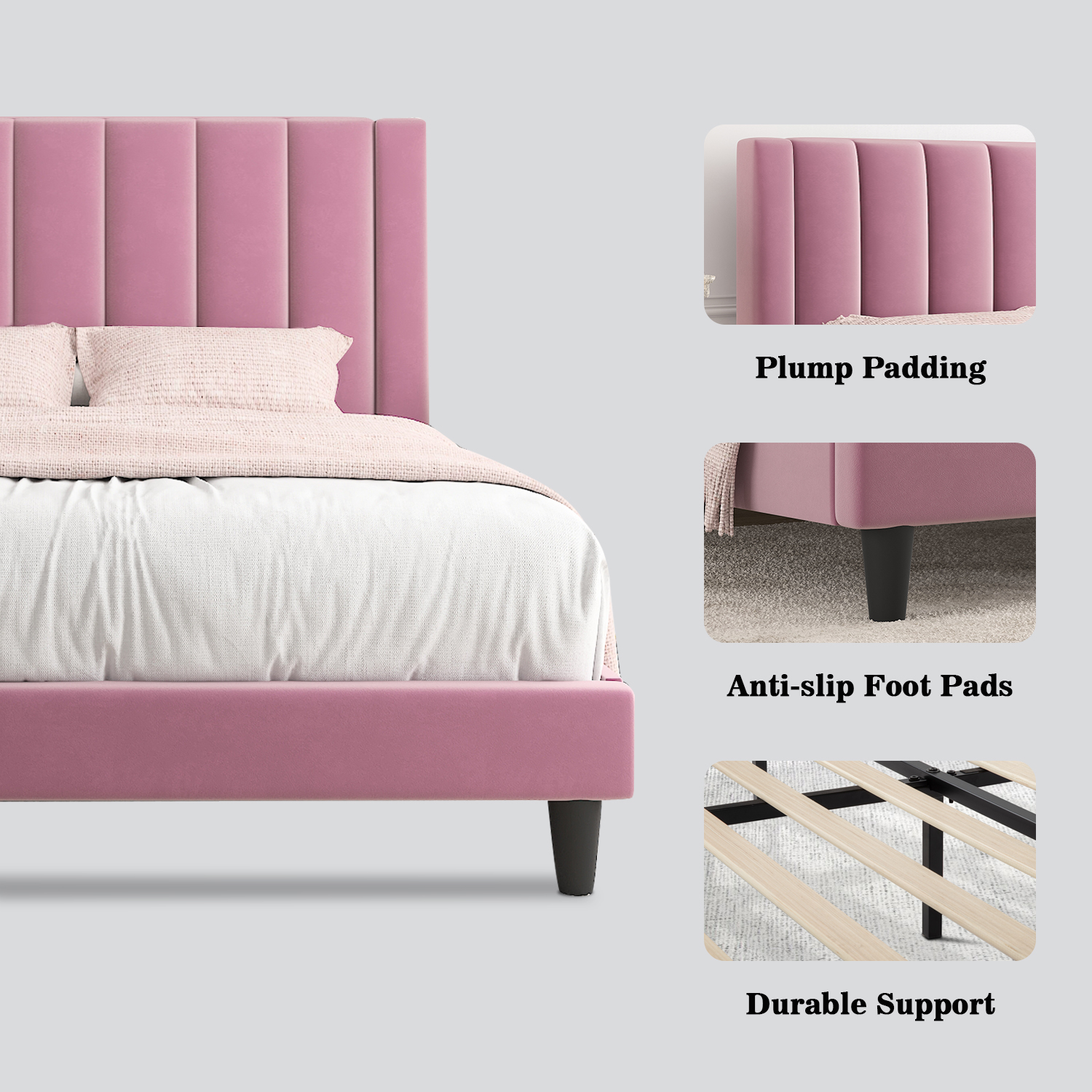 Allewie Queen Size Velvet Upholstered Bed Frame with Vertical Channel Tufted Headboard, Pink