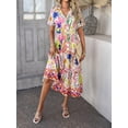 thumbnail image 5 of Women's Bohemian-style mid-length floral dress, V-neck short-sleeved summer casual button-neck flowing dress, 2025 beach holiday outfit., 5 of 6
