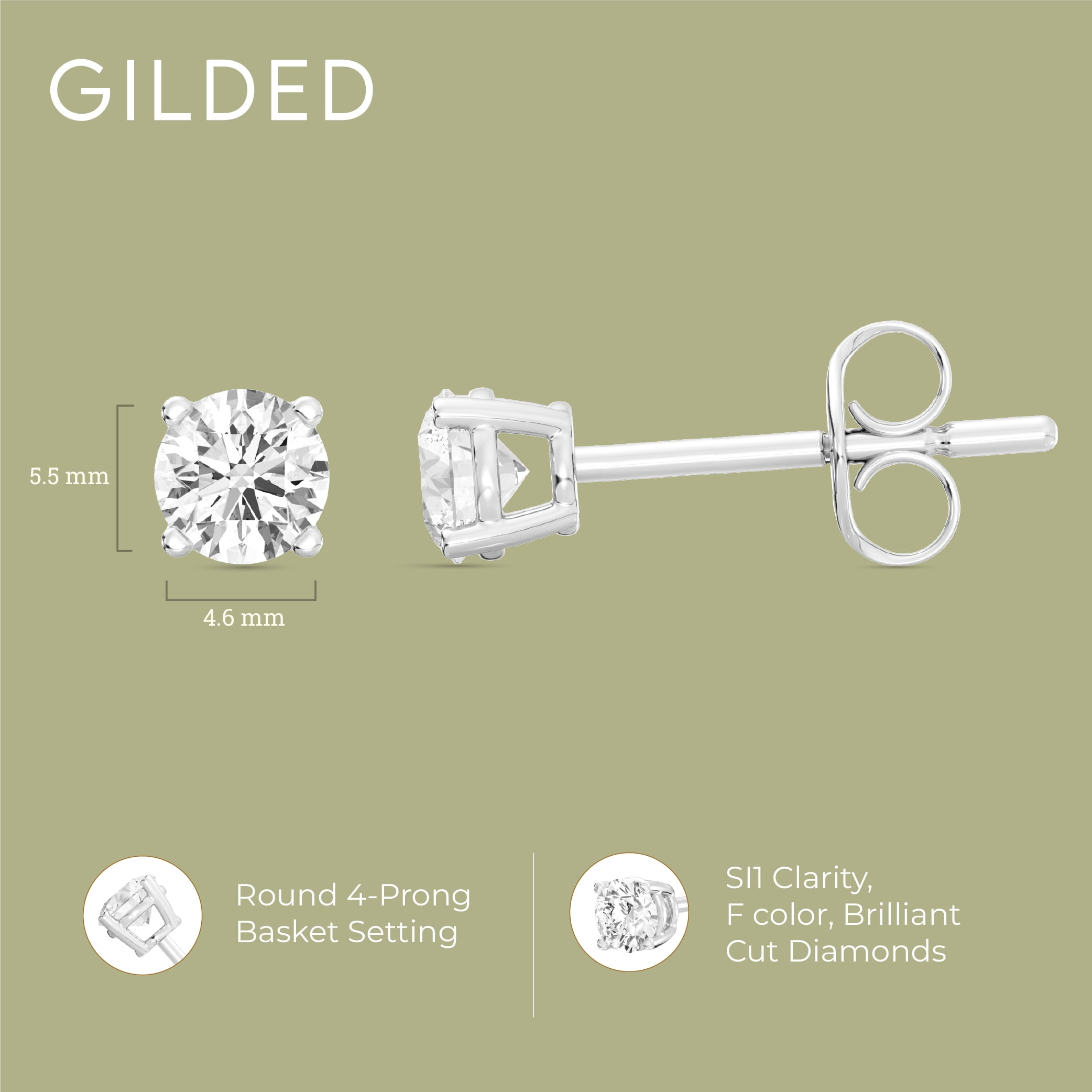 Gilded 1 CTW Lab-Grown Diamond Stud Earrings for Women & Men, Round Cut 925 Sterling Silver, Hypoallergenic Jewelry - SI1 Clarity F Color
