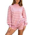 thumbnail image 2 of VOUZZA Womens Mock Neck Sweatshirt Striped 2 Piece Matching Set Long Sleeve Drop Shoulder Top And Shorts Ribbed Trim Relaxed Lounge Outfit, 2 of 6