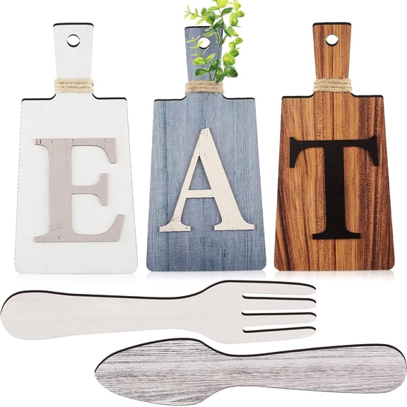 GZLOM Cutting Board Eat Sign Set Hanging Art Kitchen Eat Sign Farmhouse Fork and Spoon Wall Decor Rustic Primitive Country Kitchen Decor for Home over Cabinet Decoration(Gray, White, Brown)