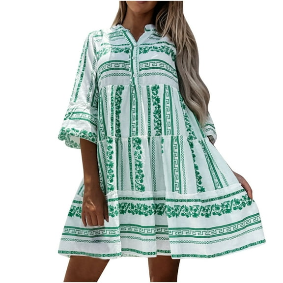 Fesfesfes Women Dress Spring And Fall Mid-Sleeve V-Neck Loose Waist Printed Pullover Temperament Dress Under $10
