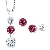 Gem Stone King 925 Sterling Silver White Moissanite and Pink Tourmaline Pendant and Earrings Jewelry Set for Women (2.59 Cttw, Gemstone Birthstone, with 18 inch Chain)
