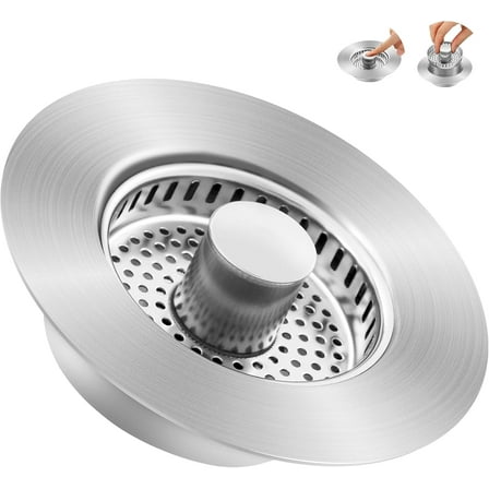 3-in-1 Kitchen Sink Drain Strainer and Stopper, 304 Stainless Steel Pop Up Sink Stopper, Anti-Clogging Kitchen Sink Drain Strainer for 3-1/2 Inch Kitchen Drain