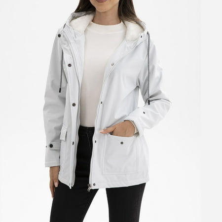 YYDGH Womens Plus Size Windbreaker Fleece Lined Waterproof Hooded Raincoats Casual Drawstring Zip Up Lightweight Outdoor Rain Jacket White L