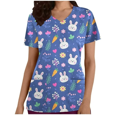 

Women s Scrub Tops Easter Bunny Rabbit Graphic Nursing Workwear Short Sleeve V-Neck Breathable Revolution Nurse Uniforms with Pockets