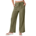 thumbnail image 4 of Cotton Linen Pants Women Summer Baggy Drawstring High Waisted Wide Leg Trousers Flowy Beach Lounge Pants with Pockets Dark Green S, 4 of 8